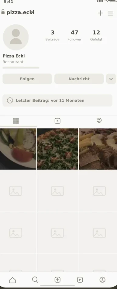 Dasselbe Profil ohne vicini: 3 Beiträge, 47 Follower, überwiegend leeres Raster, letzter Beitrag vor 11 Monaten.